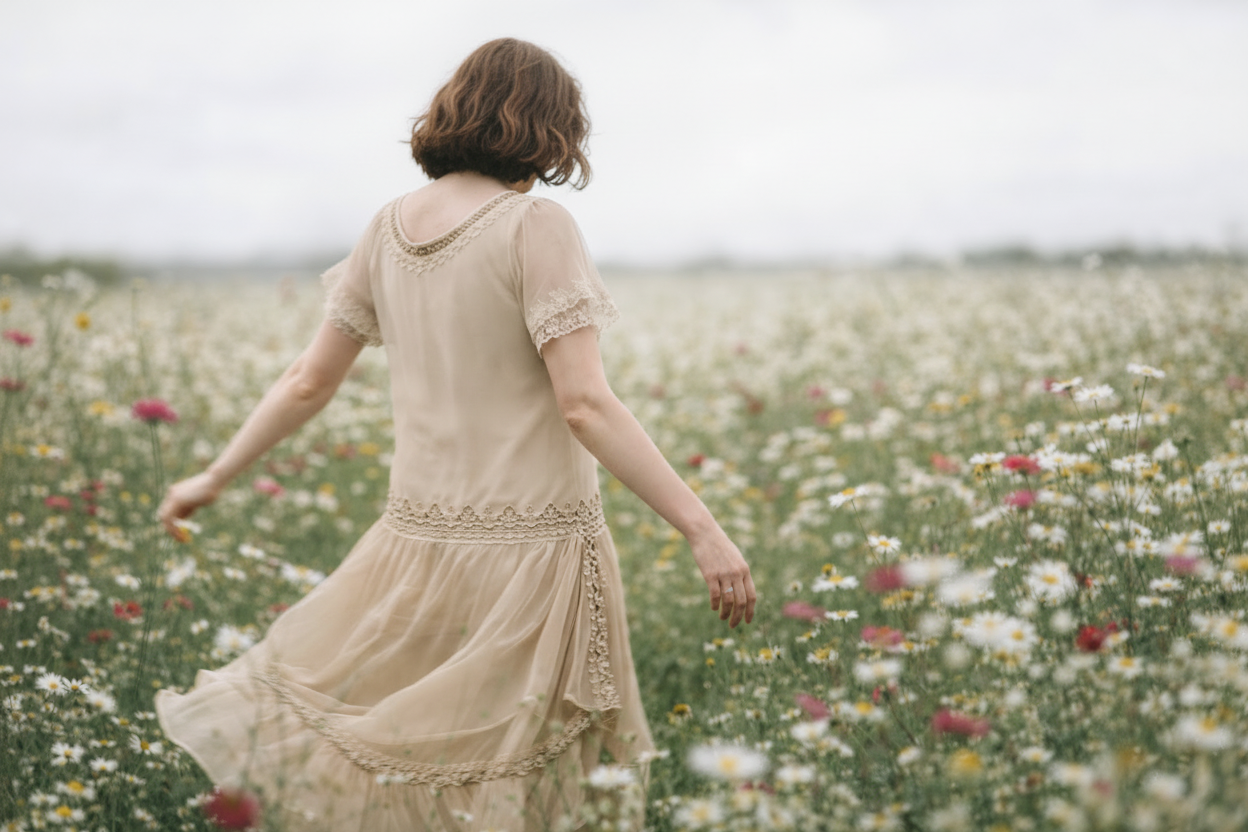 Woman in a beige dress standing in a field of flowers with her back to the camera.